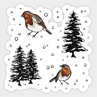 Robin and Snow Covered Trees Pattern Digital Illustration Sticker